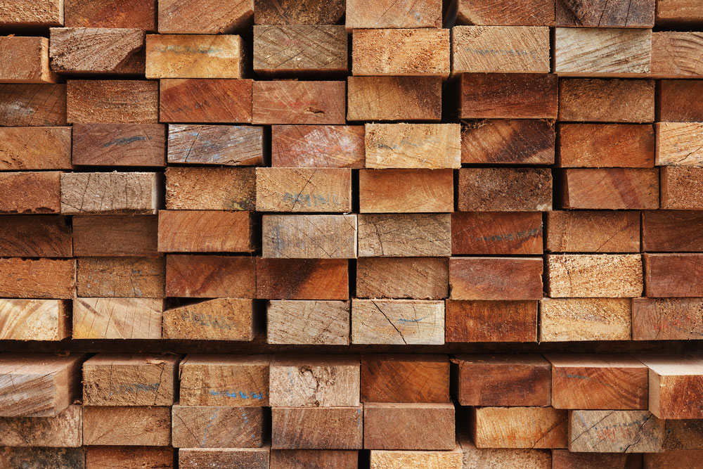 Stacked wood lumber at a sawmill